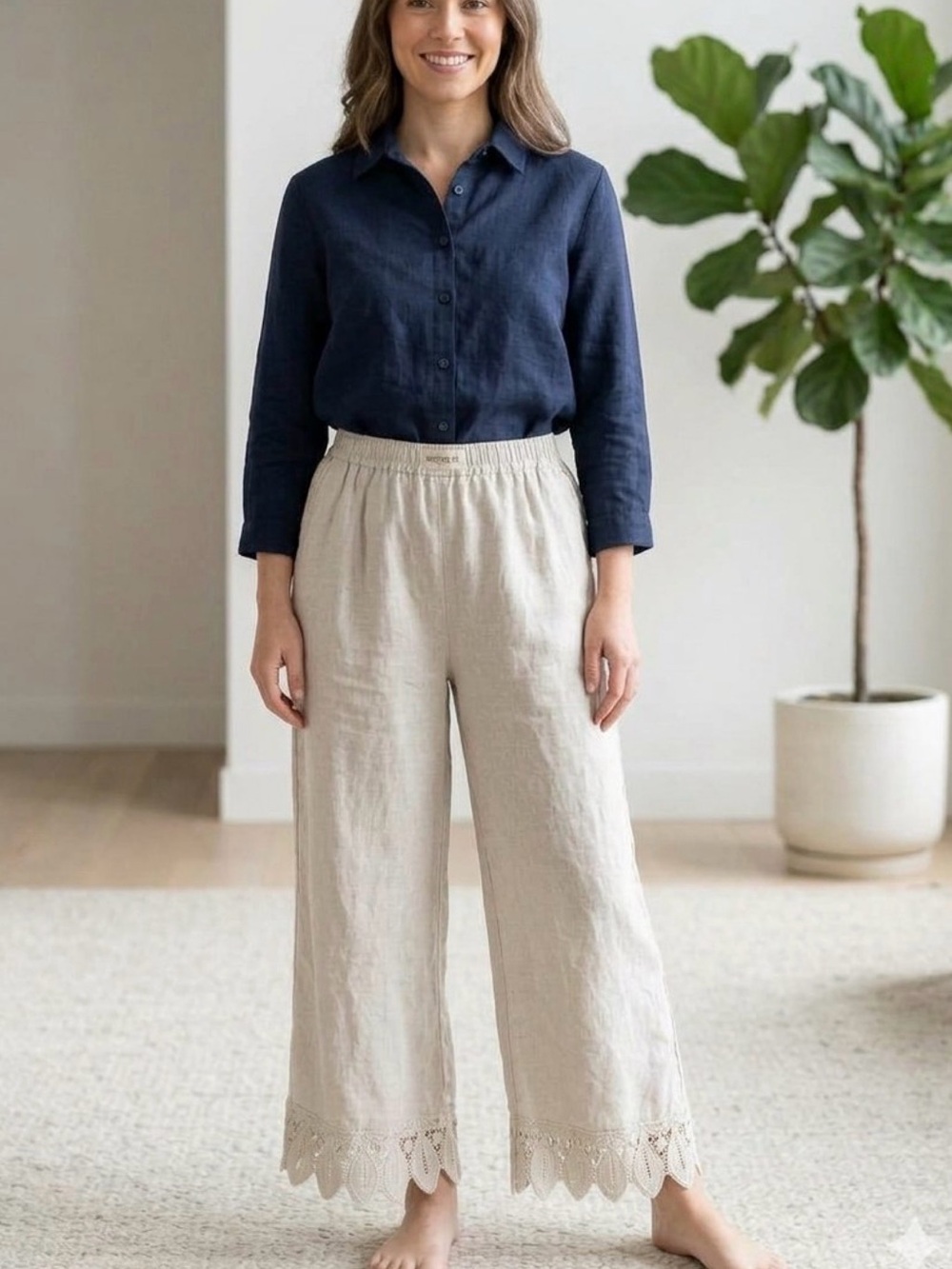 Terzo Millennio Italy 100% Linen Culotte Pants Boho Eyelet Lace Hem Crochet